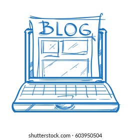 Open laptop and drawing on a sheet of paper sketch.