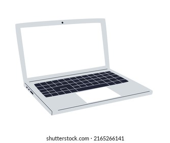 An open laptop with empty screen with copy space for text. Personal computer with keypad and blank display. Template for advertising, announcements, promotions, ads. Color vector illustration on white