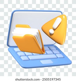 Open laptop, file folder, triangular attention sign. Caution, restricted access