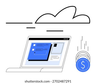 Open laptop with financial management interface, blue and white design, coins falling from cloud. Ideal for finance, cloud computing, digital transactions, online banking, fintech solutions, budget