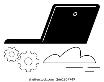 Laptop aberto com engrenagens e ícone de nuvem, ilustrando integração de tecnologia e computação em nuvem. Ideal para conceitos tecnológicos, transformação digital, gerenciamento de dados, soluções de TI, desenvolvimento de software