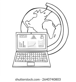 Open laptop with globe monochrome vector illustration. abstract presentation slides with graphs on notebook screen etching drawing. For business concept, education material, corporate design project