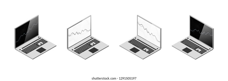 open laptop with graph on monitor. Isometric, set, different type. Isolated inversion.