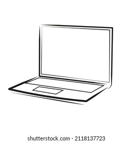 Open laptop half side view, black drawing on white background in line art style