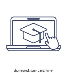 open laptop with icons of online education, line style icon vector illustration design