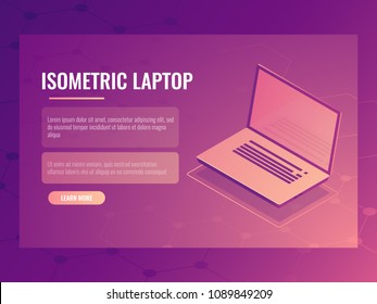 Open laptop isometric vector, banner of computer digital technology, abstract background