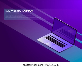 Open laptop isometric vector, banner of computer digital technology, abstract background
