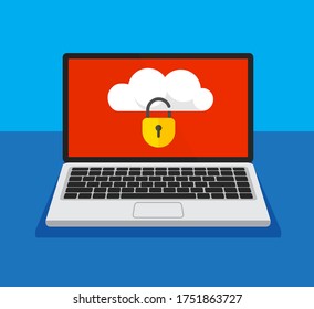 Open laptop with locked cloud storage on a screen. File protection. Data security and privacy concept on a computer display. Safe confidential information. Vector illustration.