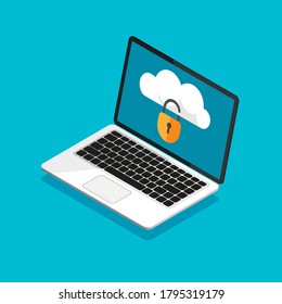 Open laptop with locked cloud storage on a screen. File protection. Data security and privacy concept on computer display. Safe confidential information. Vector illustration in trendy isometric style.