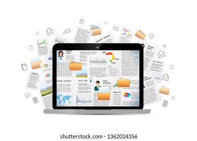 Open laptop with many office documents, concept illustration
