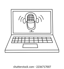 Open laptop with microphone and headphones, podcast. Personal computer with keyboard. Podcast cover template, intro. vector illustration isolated on white background.