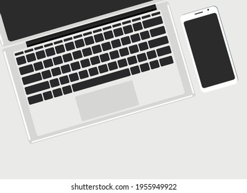 Open laptop with mobile phone. Vector drawing. Table top view