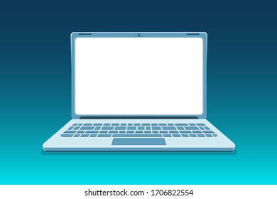 Open laptop mockup front view on modern blue background. Technology Vector illustration frameless with blank screen. Copy space monitor. Light clear frame design. Computer technology template.