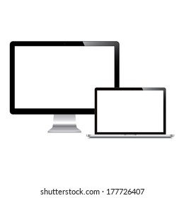 open laptop and monitor white background