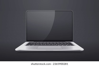 Open laptop on a black background with a black screen. Preparation for advertising and discounts. Vector illustration