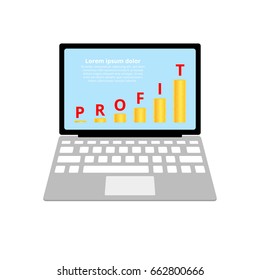 Open laptop. On the laptop screen, a growth chart and a stack of coins. Flat style. Vector illustration isolated on white background.