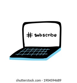 Öffnen Sie den Laptop. Auf dem Bildschirm, der Hashtag und das Wort abonnieren. Vektorgrafik