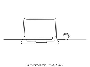 Open laptop one continuous line drawing vector illustration 