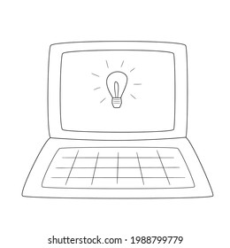 Abrir el portátil con una lámpara de luz pintada en el monitor.Contemplar la ilustración aislada en blanco y negro en estilo doodle sobre fondo blanco.