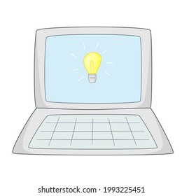 Open laptop with a painted light bulb in the monitor.Colored isolated illustrations in cartoon style with an outline on a white.