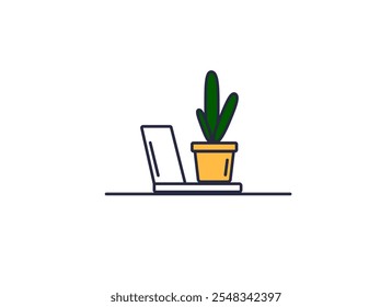 an open laptop and a potted plant on a table. minimalist vector graphic