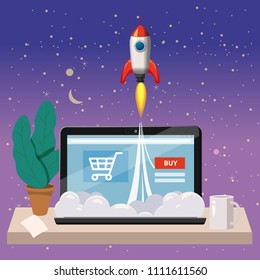 Open laptop with purchase screen, concept, launch of online store, launching rockets, vector, illustration