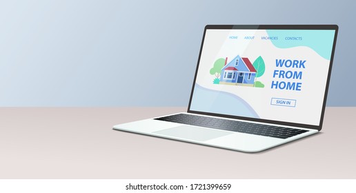 Öffnen Sie den Laptop mit der Remote-Arbeitssuche. Realistischer Stil. Vektorgrafik