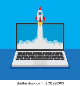  Open laptop with rocket launch on a display. Business product concept. Rocket goes beyond the monitor. Project start up and innovation product. Vector illustration.