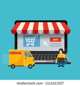 Open laptop with a screen of purchase and delivery of goods through your online store, concept, delivery of goods, the young man sitting with computer, vector illustration