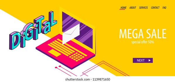 Open laptop screen send mail. Isometric digital banner business flat site background. Header vector design. 3d comic text pop art phrase. Creative font. Yellow color.