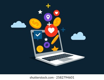 Open laptop to see Donation and charity with coin, money. Modern vector illustration in flat style.