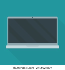 Open laptop with a shadow in the middle of a blue background (flat design)