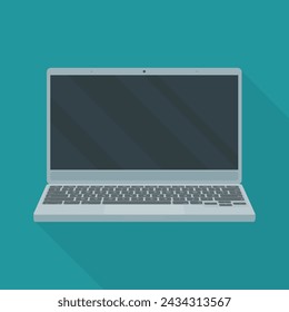 Open laptop with a shadow in the middle of a blue background (flat design)