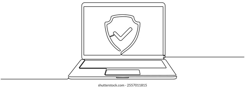 Open laptop with shield and check mark continuous line drawing.  Protect linear symbol on computer screen. Approved technology concept. Vector illustration isolated on white.