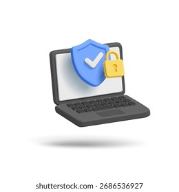 Abra la computadora portátil, escudo con marca de verificación y bloqueo, 3D, sobre fondo blanco. Para conceptos de tecnología y seguridad. Ilustración vectorial.