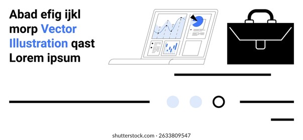 Open laptop showing analytics charts and pie graph, black briefcase, blue and white text, and abstract design elements. Ideal for business analysis, office work, data visualization, corporate
