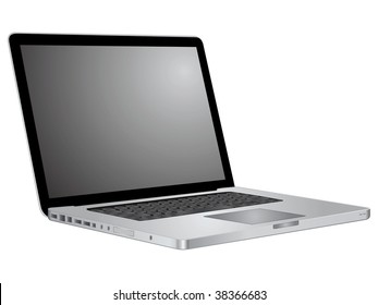 Open laptop showing keyboard and screen. Stylish silver notebook. Vector.