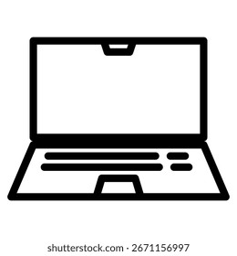 Portátil abierto mostrado en una simple ilustración de arte lineal en blanco y negro y utilizado para la comunicación.
