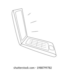Open laptop, side view. Glow from the monitor.Contour black and white isolated illustration in doodle style on white background.
