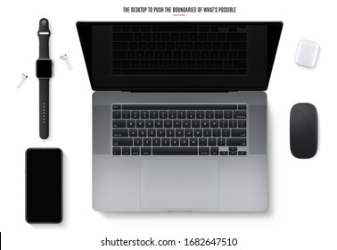 open laptop with smartphone, mouse, smartwatch and headphones top view isolated on white background. flat lay detailed and realistic gadgets mockup. stock vector illustration