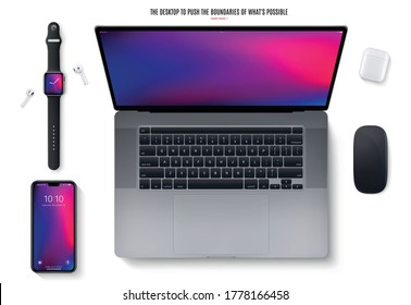 open laptop with smartphone, mouse, smartwatch and headphones flat lay isolated on white background. top view realistic and detailed devices mockup. stock vector illustration