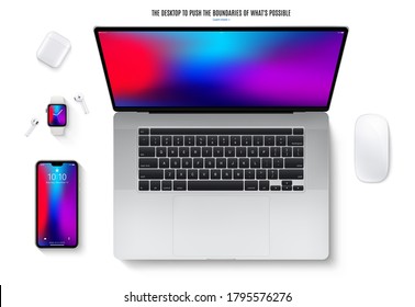 open laptop with smartphone, mouse, smartwatch and headphones top view isolated on white background. flat lay detailed and realistic devices mockup. stock vector illustration