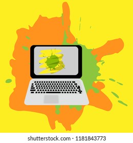 Open laptop with spots on the screen on a colored background
