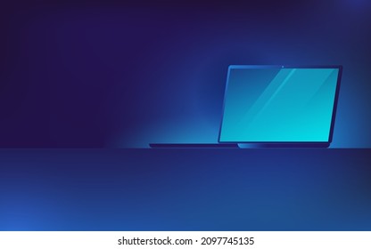 An open laptop stands on a table in neon lighting. Horizontal banner template.