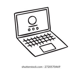 Portátil abierto, estudio y tarea, doodle de la escuela de arte de línea, contorno de contorno, monocromo, dibujado a mano. Ilustración vectorial.