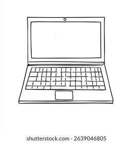 Open laptop stylized vector illustration painted by black inks. Front view. Monochrome flat of notebook for tech presentations, startup branding, remote work graphics, digital service advertisements