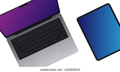 Open Laptop and Tablet Top View with Black Keyboard. Realistic Gadgets on White Background. Vector illustration