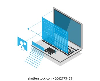 Open laptop with template news website. Isometry, 3d. Projection of site