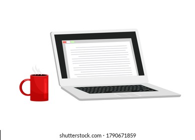 Open laptop, text editing software on computer screen, red cup of coffee. Set of design elements isolated on white background. Vector flat illustration of symbols writer, journalist, writing books