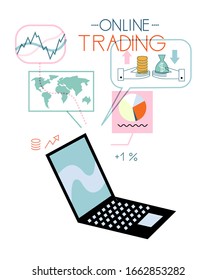 Open laptop with trade financial stock market analysis icon isolated on white background. Online trading, buy, sell lettering, forex chart and graphs, percentage increase. Vector illustration